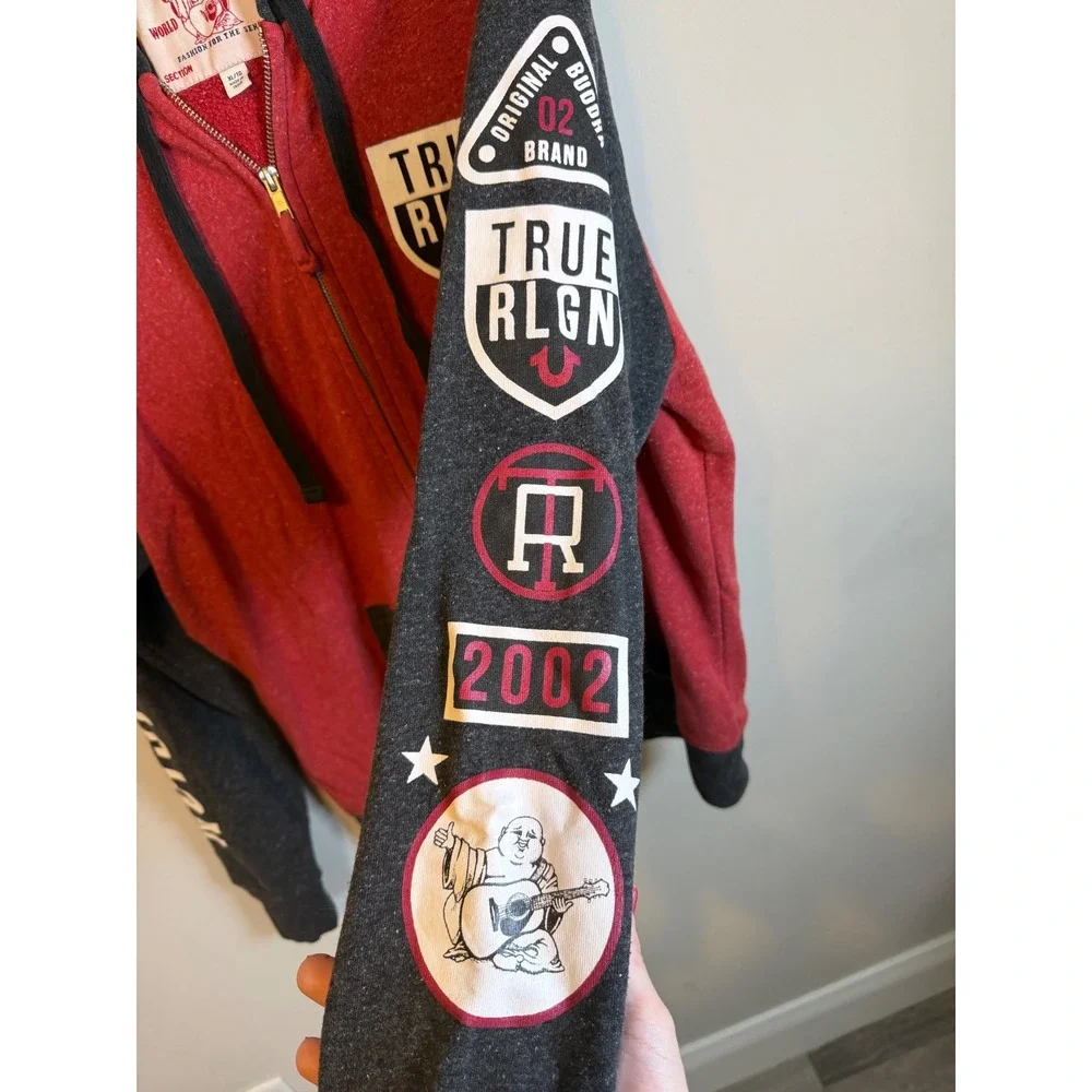True Religion Mens Zip Hoodie Raglan Graphic Sleeve Red Gray XL